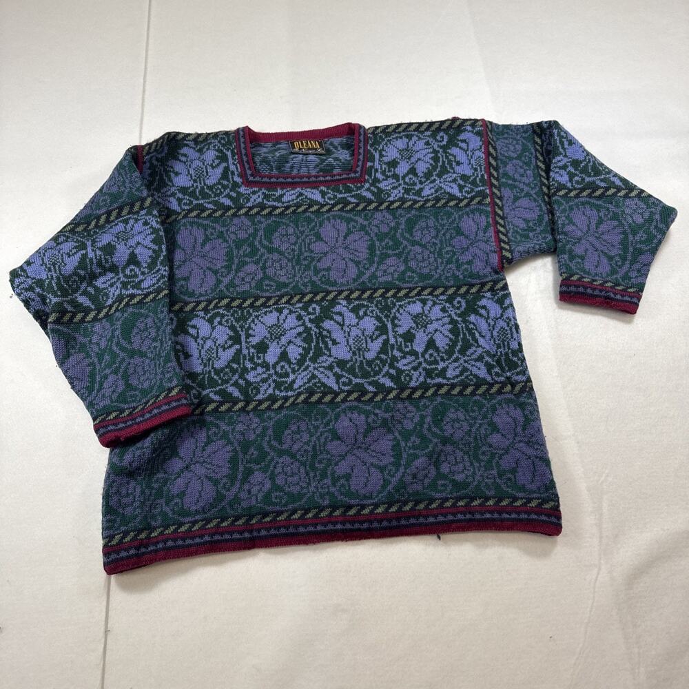 OLEANA Floral Pure Wool Knit Pullover Square Neck Sweater Size Small DAMAGED